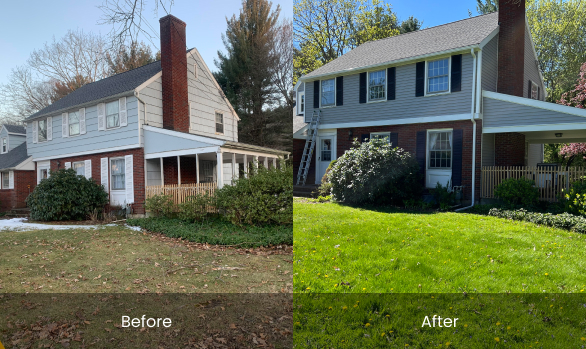 Before and After - Roof Repair Service - full-view of home from street level