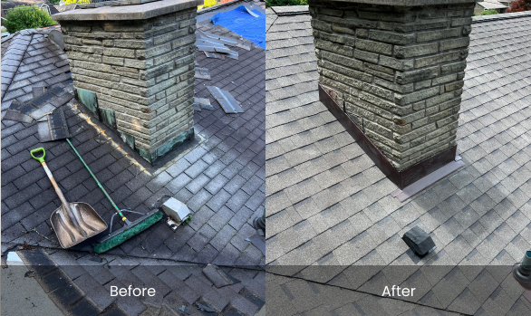 Before and After - Roof Repair Service - focused near chimney